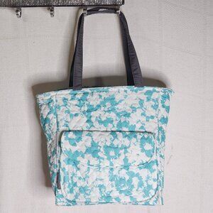 Emma & Chloe Teal and White Floral Pattern Cotton Large Size Quilted Tote Bag